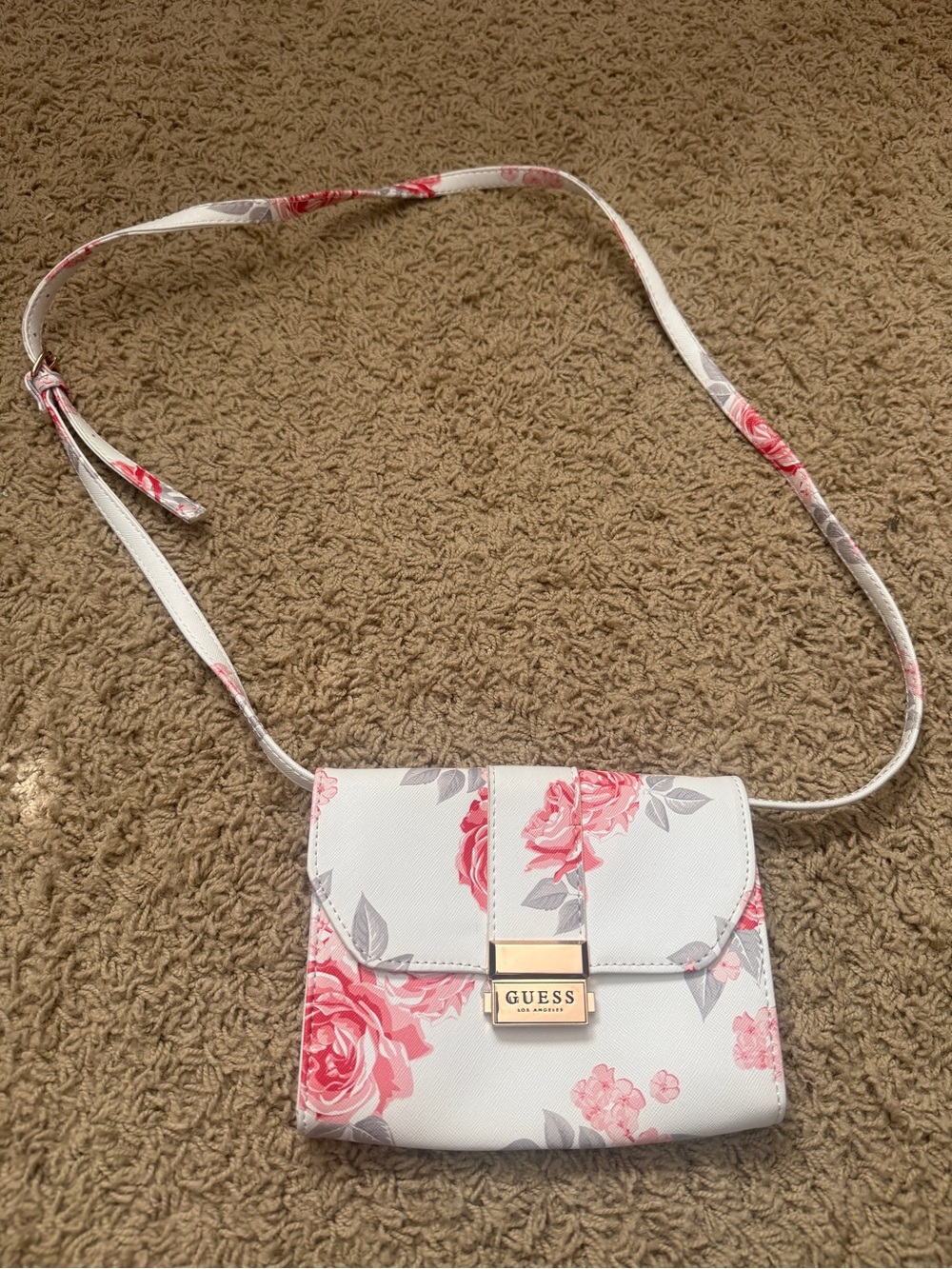GUESS White Crossbody Bag with Pink Rose Floral Print